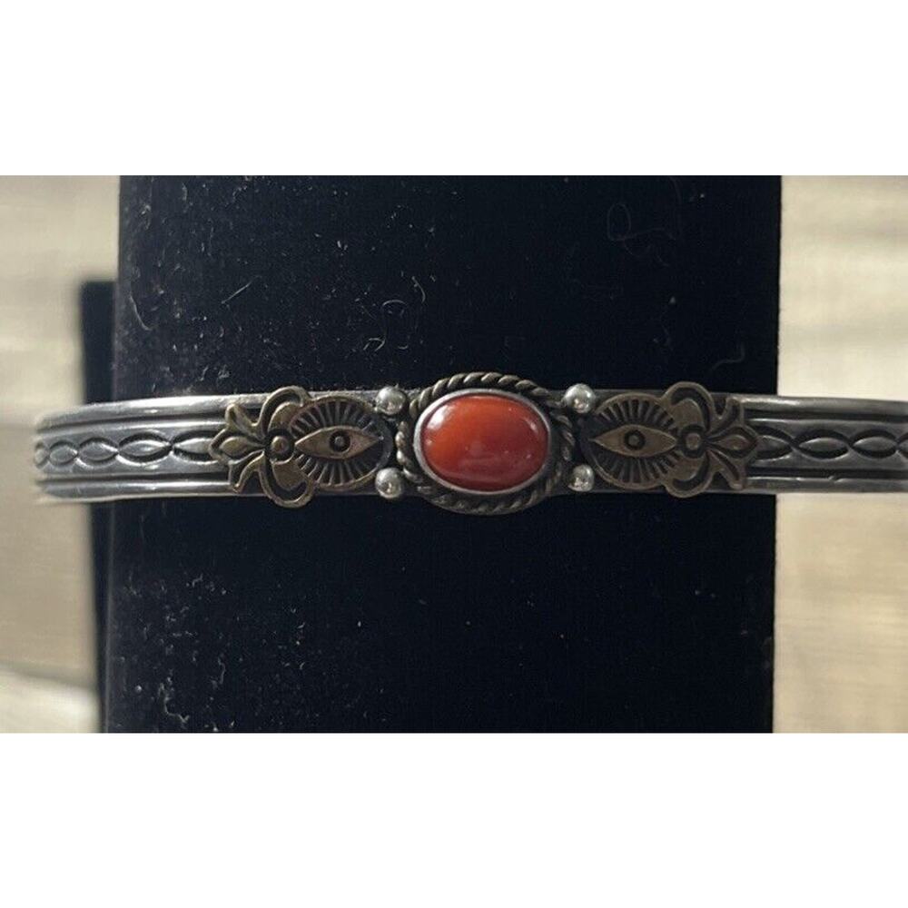 Signed- Albert Jake Navajo Vintage Coral Sterling Silver Cuff